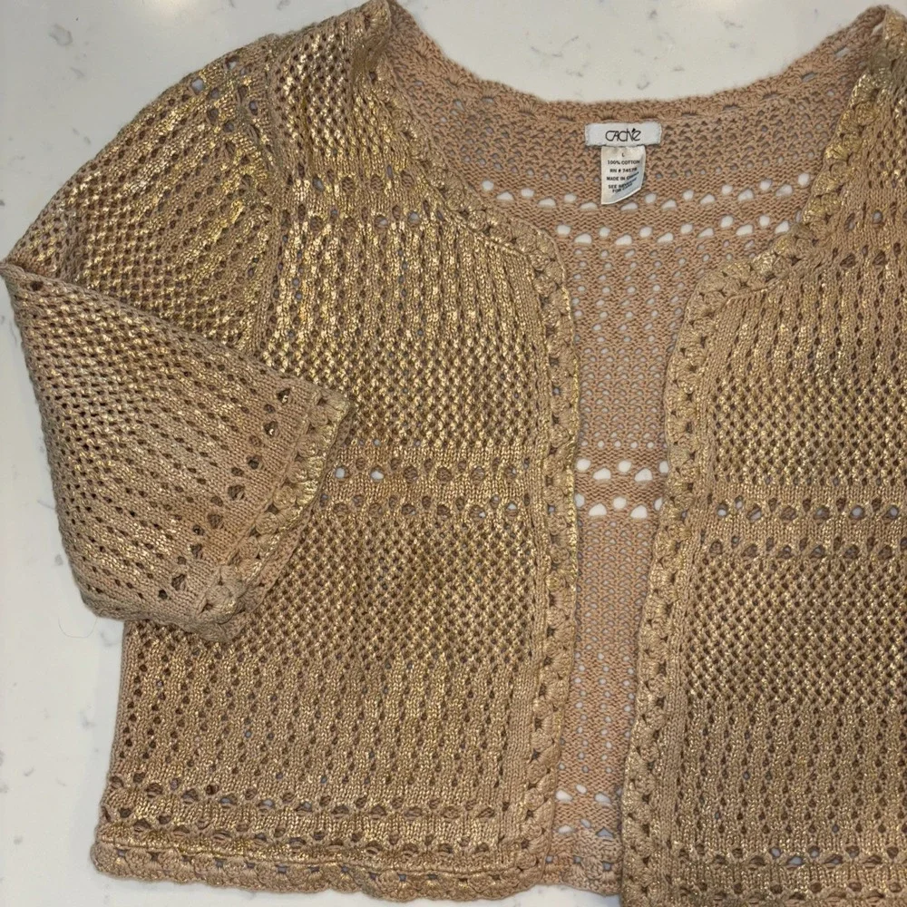 Cache Gold Metallic Short Sleeve Cardigan Size Large 100% Cotton Crochet EUC - Picture 2 of 7